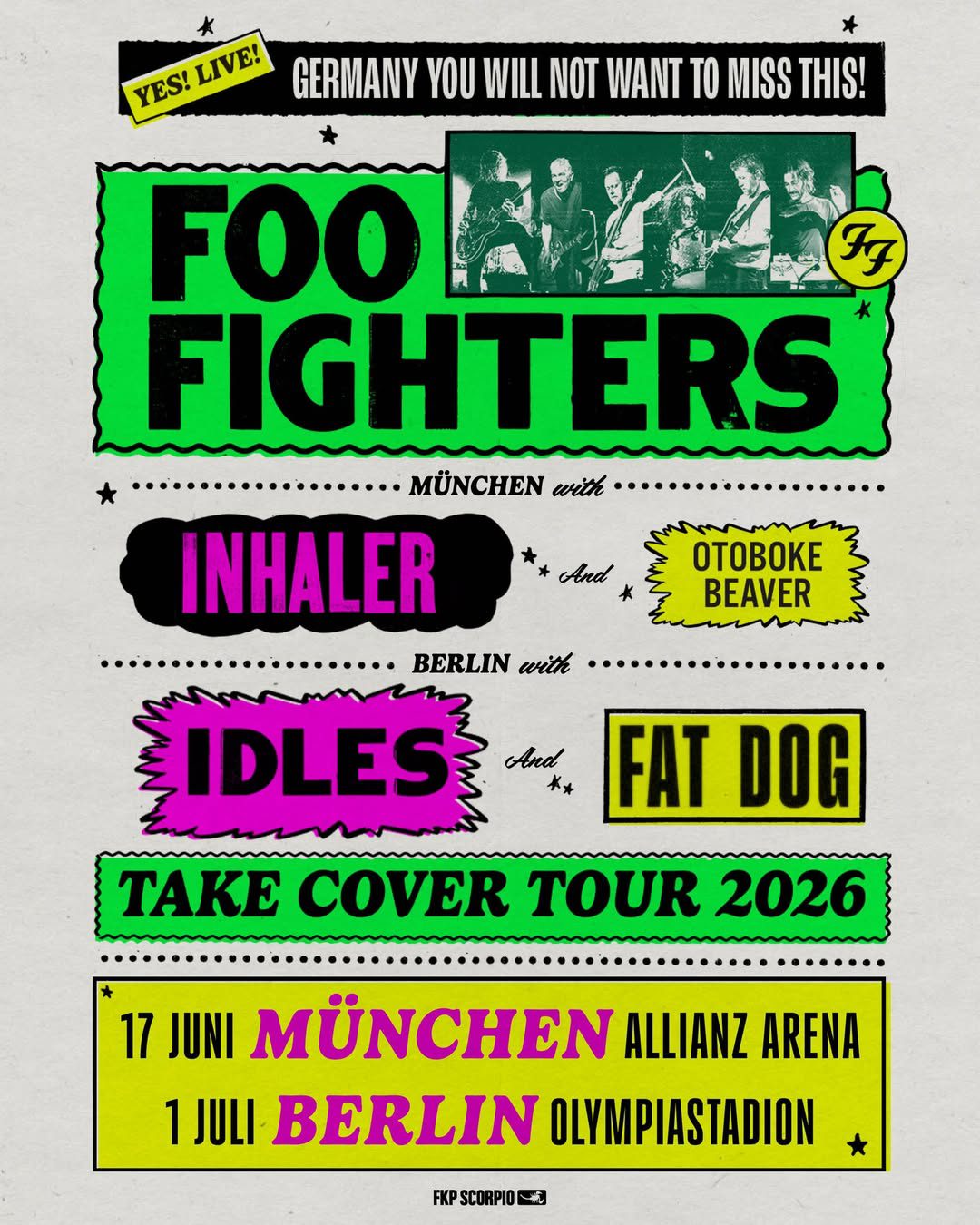 Foo Fighters live 2026 auf der Take Cover Tour in Berlin – Dave Grohl führt die Band durch eine energiegeladene Show im Olympiastadion.