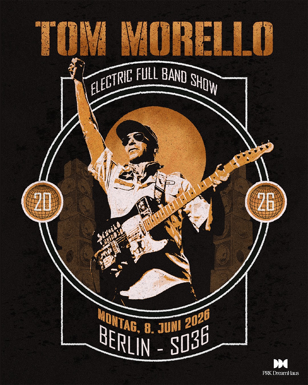 Grafik der Tourankündigung für das Tom Morello Konzert am 8. Juni 2026 im SO36 Berlin mit Datum und Location.